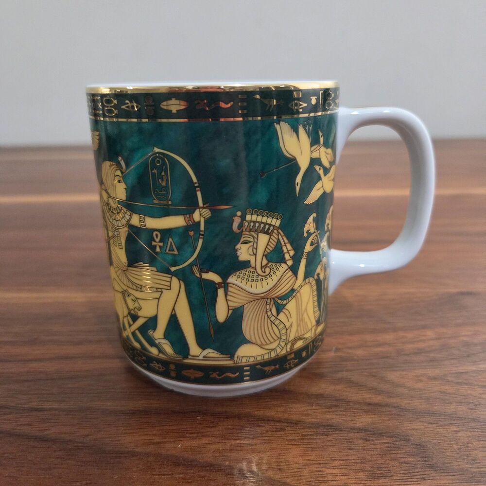 Vintage Fathi Mahmoud Egyptian Limoges Porcelain Coffee Tea Mug Green Gold